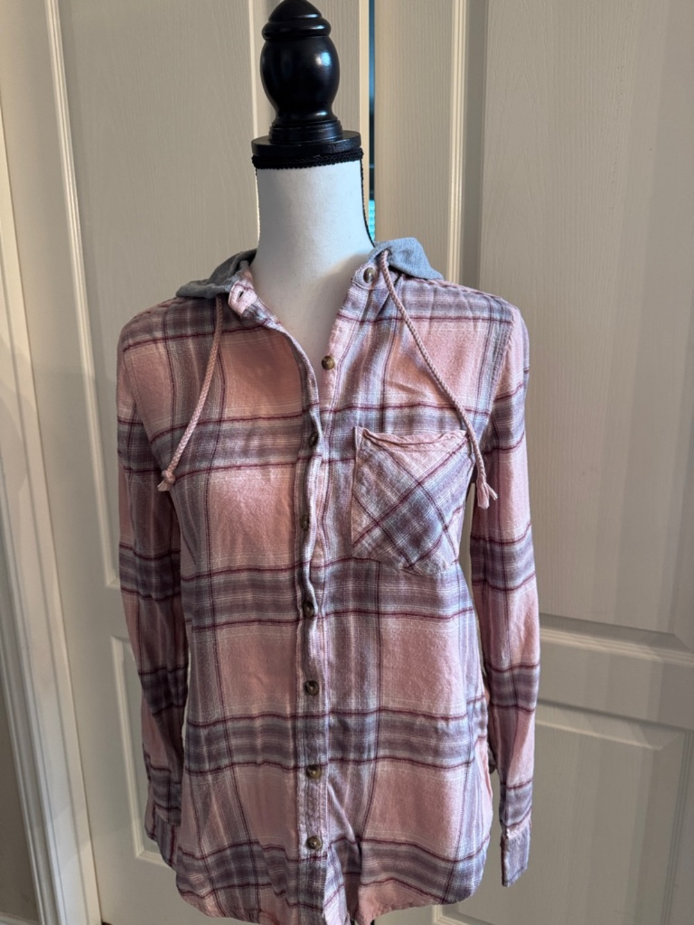 JUNIORS -  Pink Plaid Shirt with Gray Hood - Size Small